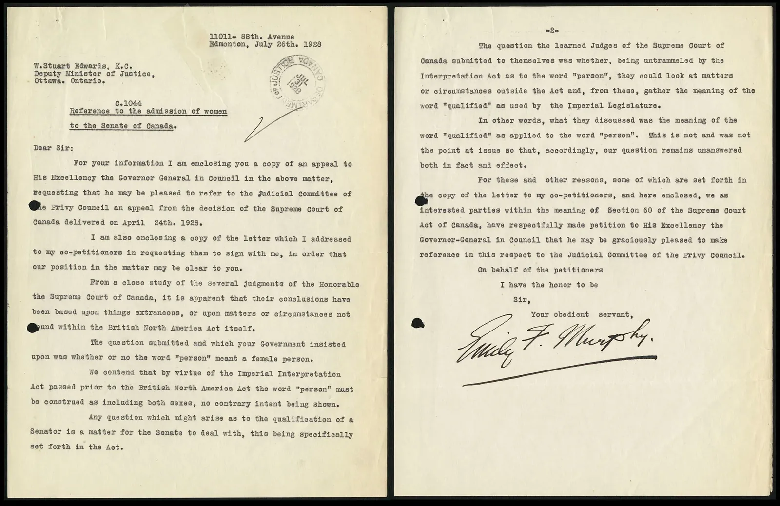 Two typed pages of Emily Murphy’s letter dated July 26, 1928, requesting an appeal to the Judicial Committee of the Privy Council