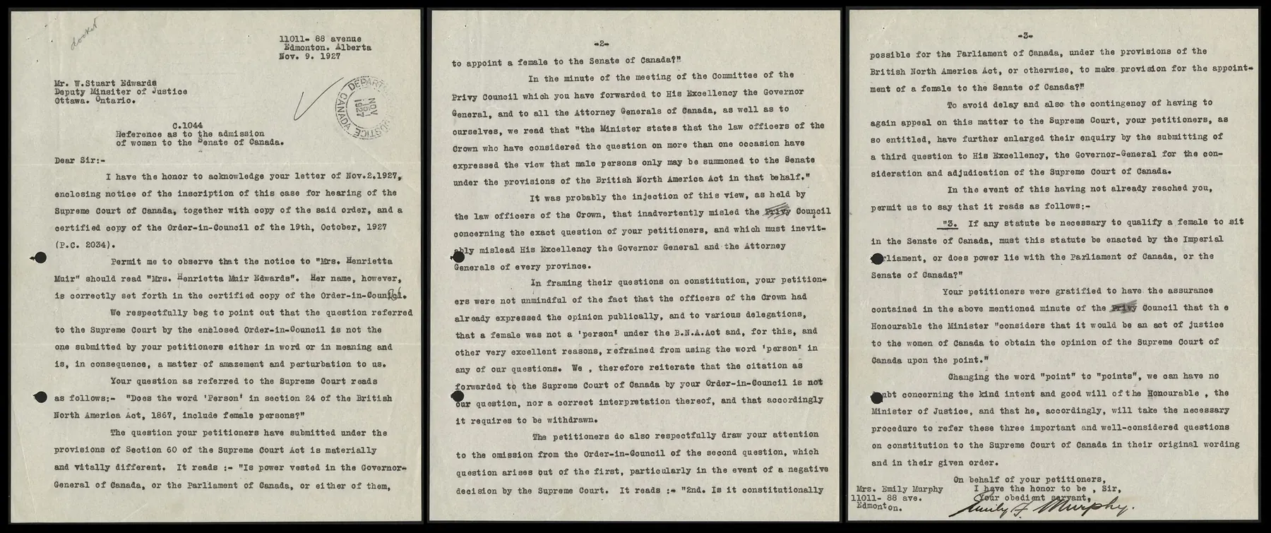 Three typed pages of Emily Murphy’s letter to the Deputy Minister of Justice dated November 9, 1927, signed by Murphy